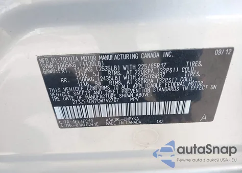 2012 Toyota Rav4 from USA, damaged, VIN 2T3ZF4DV7CW142767